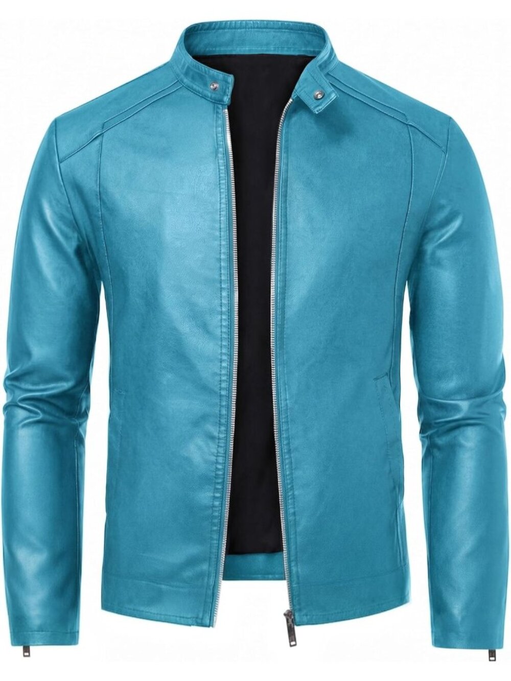 Men’s Blue Faux Leather Motorcycle Moto Biker Jacket Stand Collar Coat
